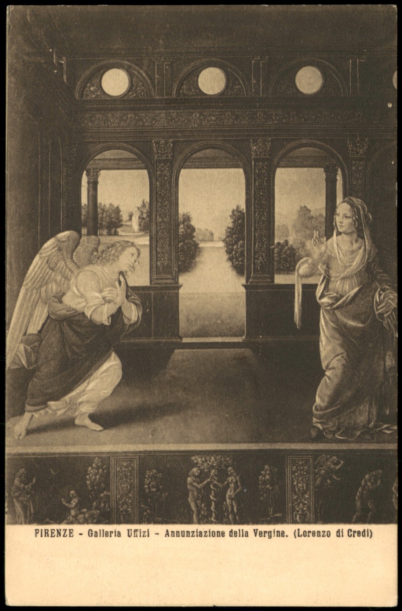 vergrößern: Bildseite historische Ansichtskarte von 1920: Kunstwerk (Annunziazione della Vergine) - Lorenzo di Credi - Uffizien in Florenz:: Florenz