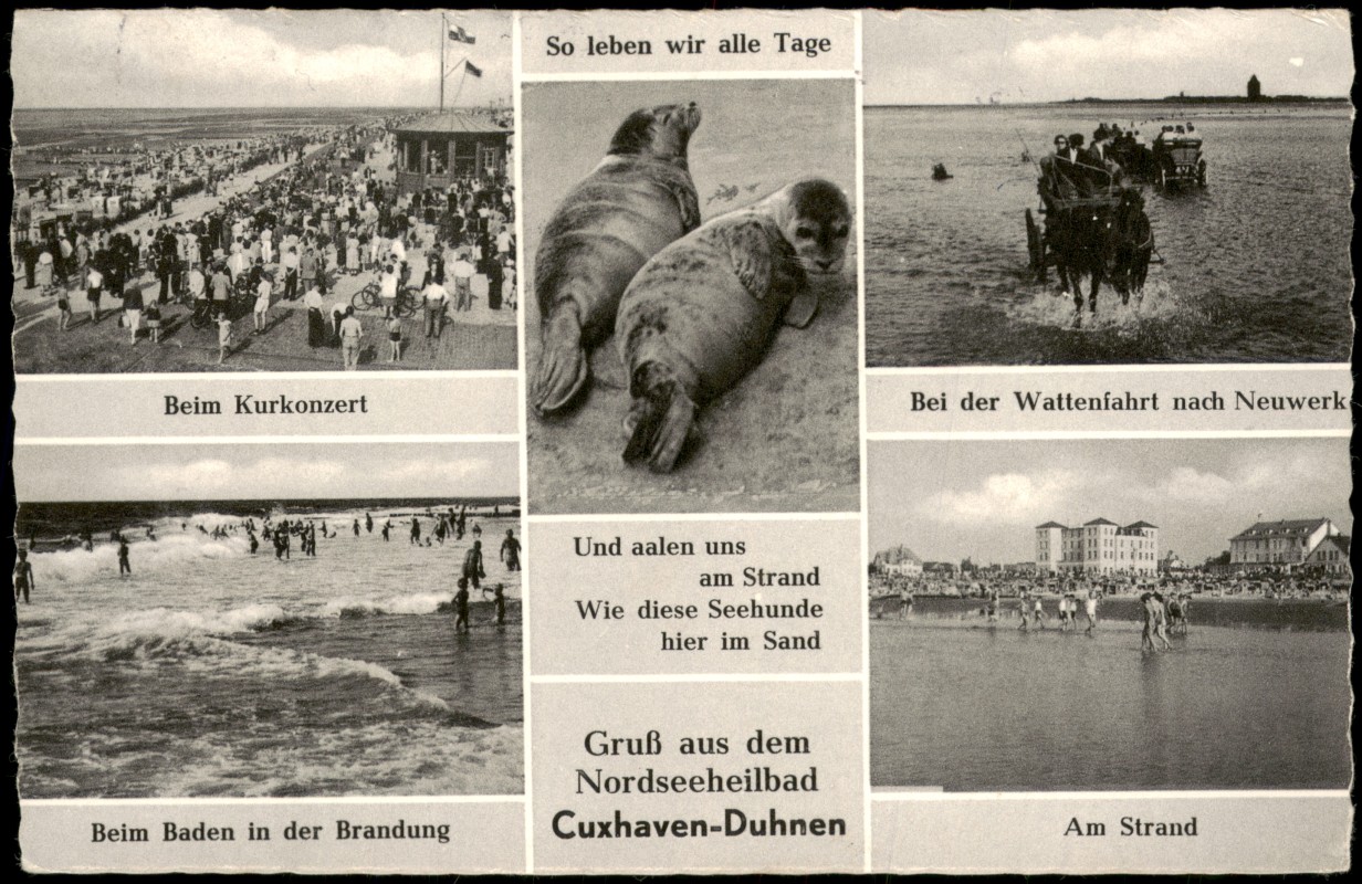 zoom: Image side vintage Postcard from 1961: Ansichten Cuxhaven-Duhnen am Strand Beim Kurkonzert Bei der Wattenfahrt nach Neuwerk:: Duhnen-Cuxhaven