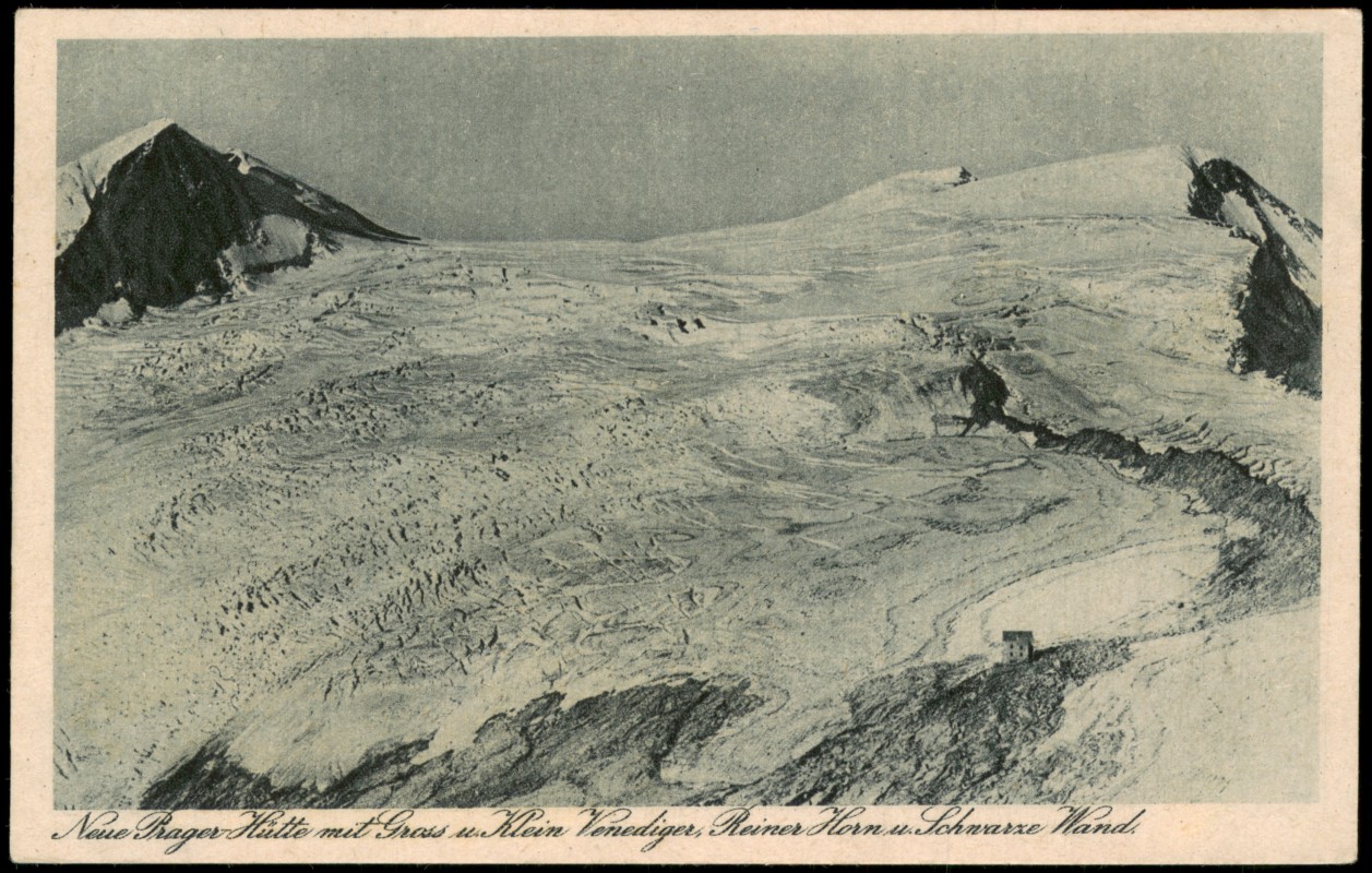 vergrößern: Bildseite historische Ansichtskarte von 1940: Neue Pager Hütte mit Groß u. Klein Venediger, Reiner Horn u. Schwarze Wand:: Neukirchen am Großvenediger