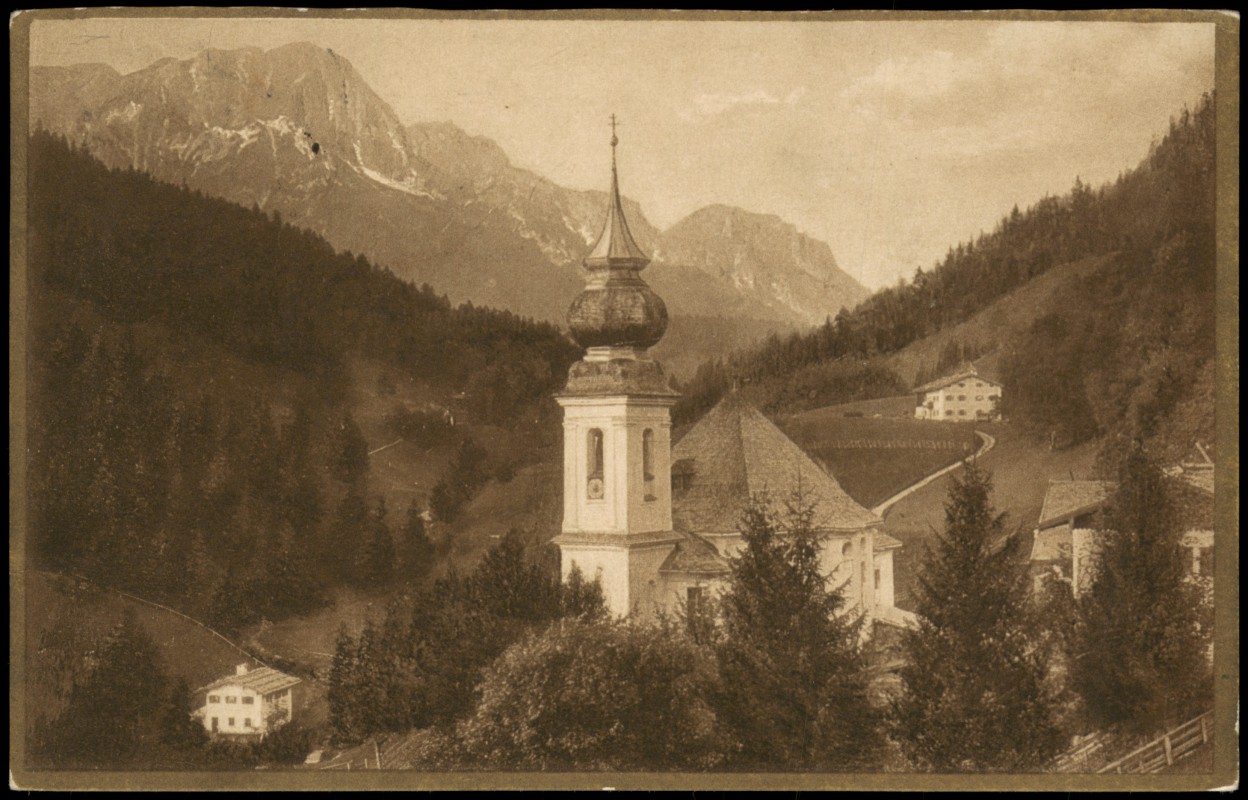 vergrößern: Bildseite historische Ansichtskarte von 1926: Kirche Maria Gern mit Untersberg b. Berchtesgaden:: Maria Gern-Berchtesgaden