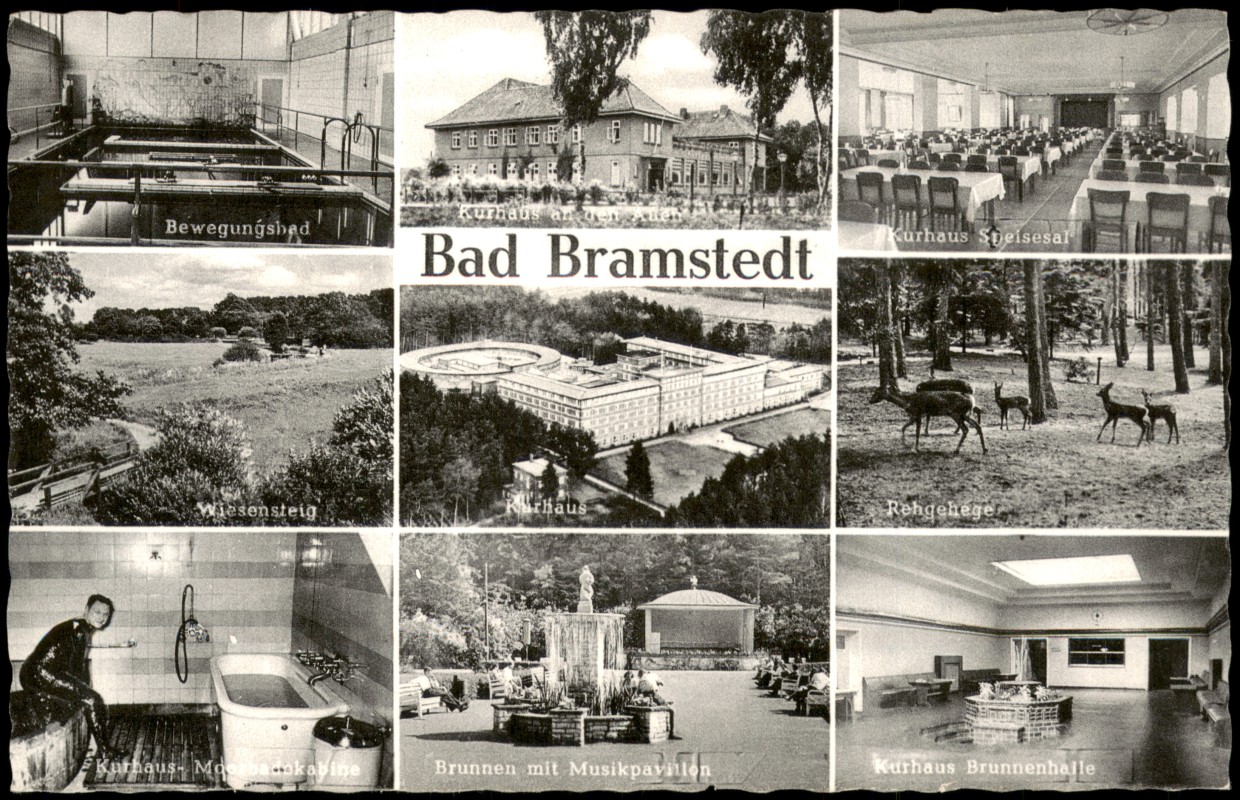 vergrößern: Bildseite historische Ansichtskarte von 1958: Mehrbildkarte vom Kurhaus mit Bewegungsbad, Brunnen mit Musikpavillon & Moorbandekabine:: Bad Bramstedt
