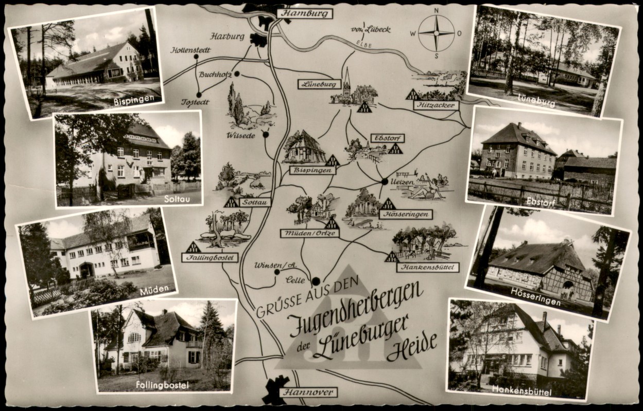 vergrößern: Bildseite historische Ansichtskarte von 1965: Mehrbildkarte, Jugendherbergen der Lüneburger Heide:: .Niedersachsen