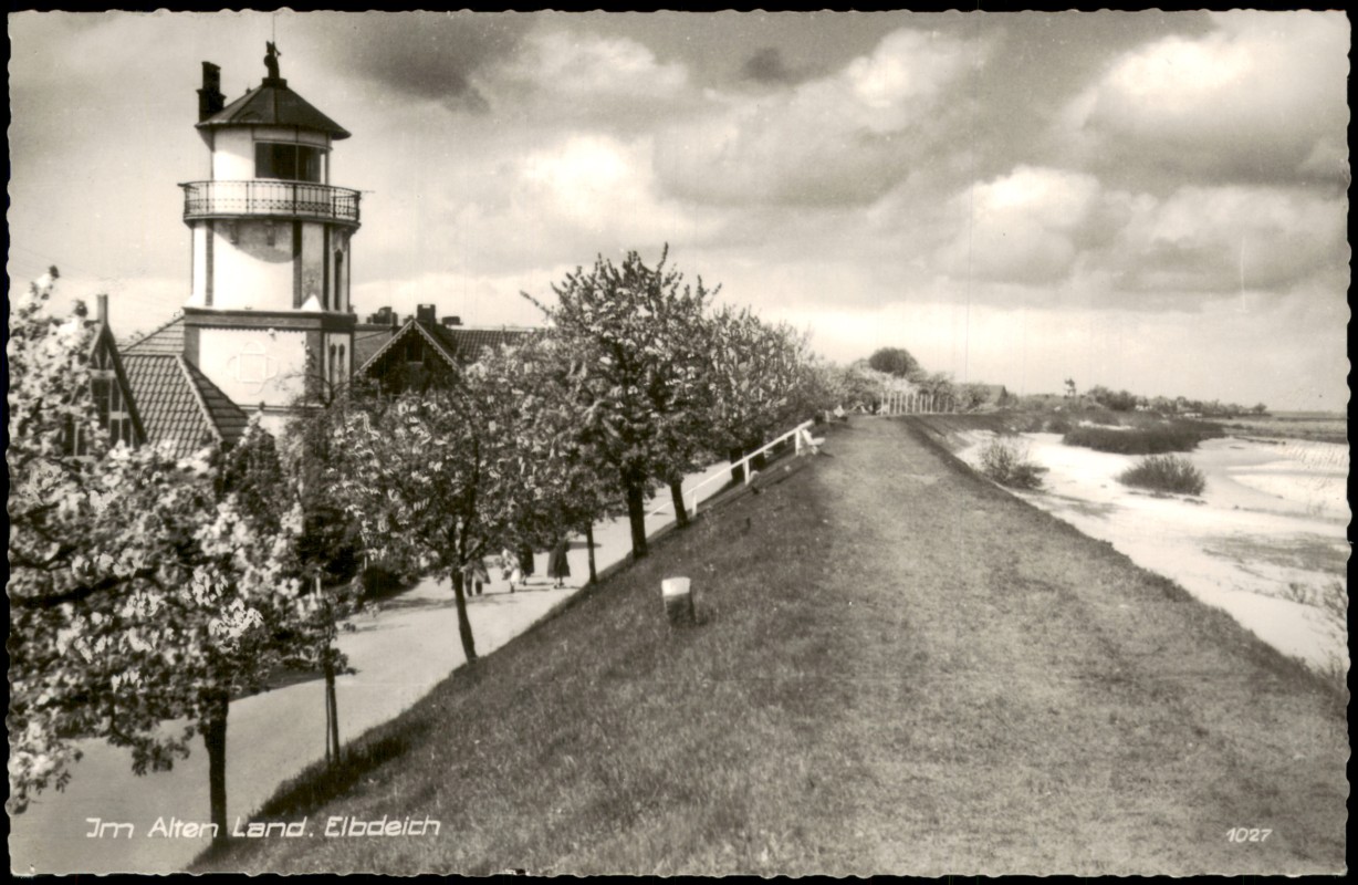 zoom: Image side vintage Postcard from 1950: Blick über den Elbdeich "Im Alten Land":: Steinkirchen (Altes Land)