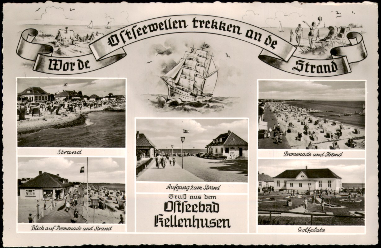 vergrößern: Bildseite historische Ansichtskarte von 1960: Mehrbildkarte vom Ostseebad Kellenhusen mit Strand, Promenade & Golfplatz:: Kellenhusen (Ostsee)