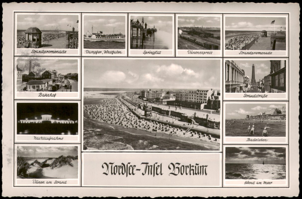 vergrößern: Bildseite historische Ansichtskarte von 1959: Mehrbildkarte von Borkum mit Strandpromenade, Dampfer Westfalen & weitere:: Borkum