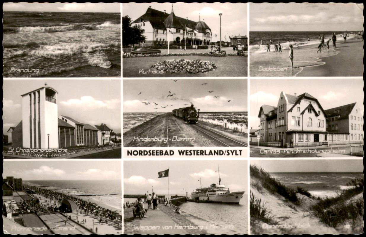 vergrößern: Bildseite historische Ansichtskarte von 1959: Mehrbildkarte von Westerland mit Hindenburg - Damm, Caritas Kindererholungsheim & weitere:: Westerland-Sylt