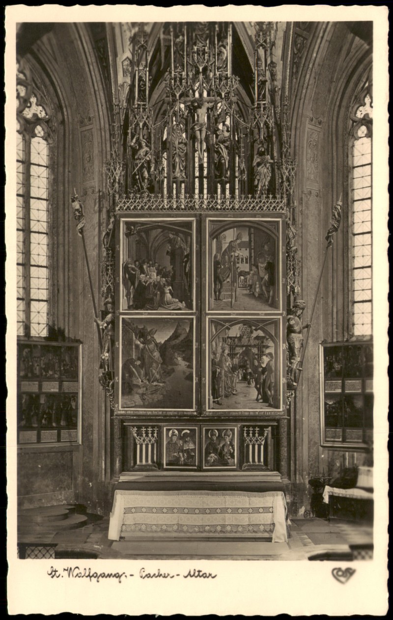 vergrößern: Bildseite historische Ansichtskarte von 1939: Hochaltar in St. Wolfgang im Salzkammergut von Michael Pacher - Altar mit geschlossenen Flügeln:: St. Wolfgang im Salzkammergut