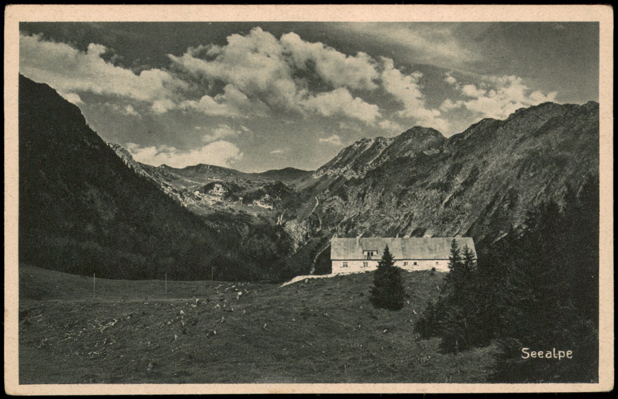 vergrößern: Bildseite historische Ansichtskarte von 1930: Allgäuer Alpen, Seealpe Nebelhornhaus:: Oberstdorf (Allgäu)
