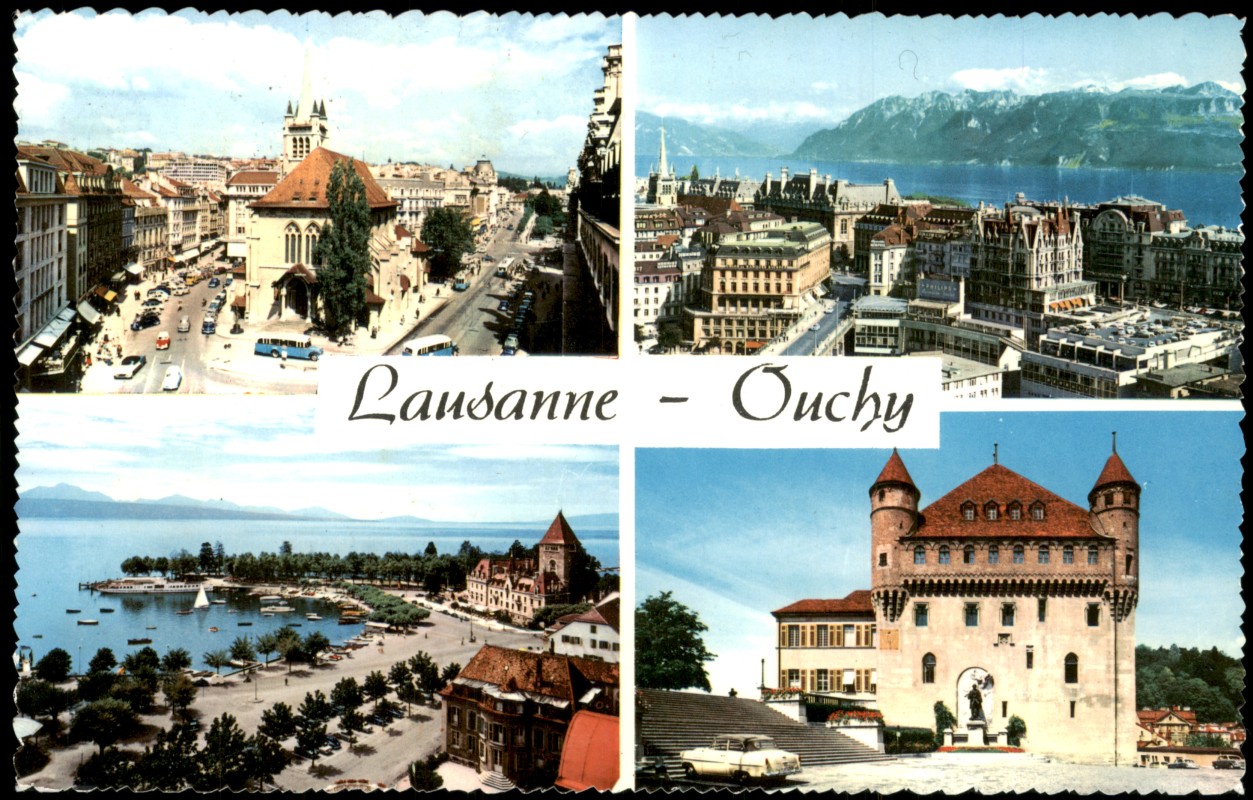 vergrößern: Bildseite historische Ansichtskarte von 1970: Mehrbildkarte mit 4 Ortsansichten:: Ouchy-Lausanne