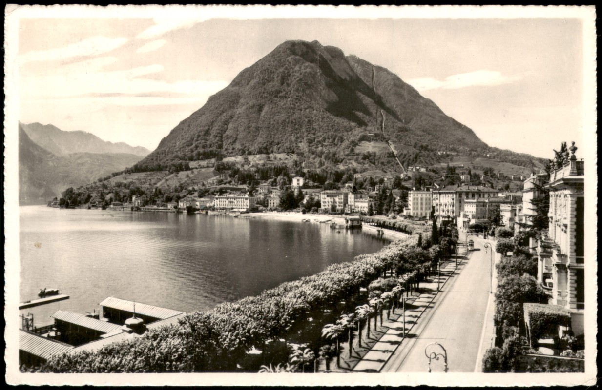 vergrößern: Bildseite historische Ansichtskarte von 1953: Panorama von Lugano mit Monte S. Salvatore:: Lugano