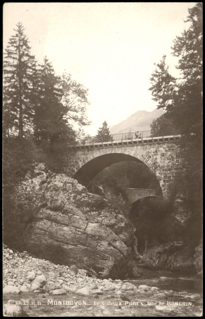 vergrößern: Bildseite historische Ansichtskarte von 1928: Les deux Ponts sur le Hongrin:: Montbovon