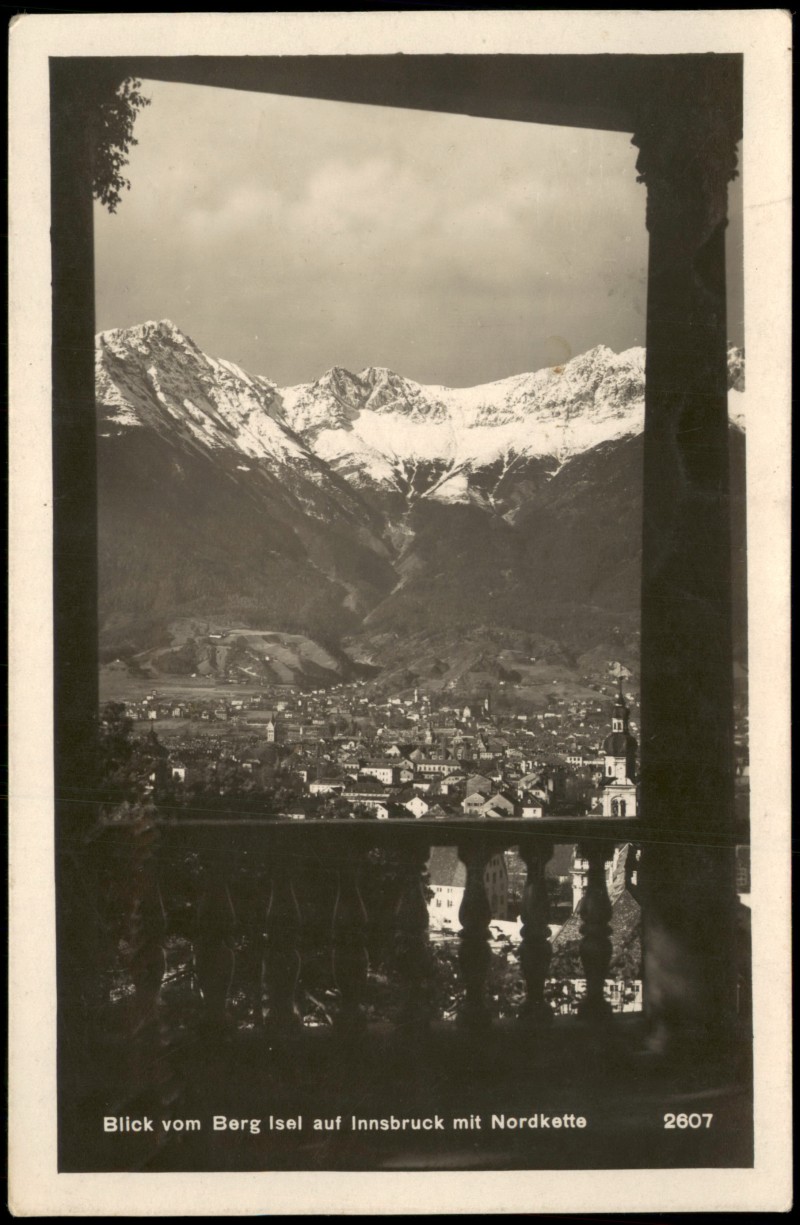 vergrößern: Bildseite historische Ansichtskarte von 1928: Blick vom Berg Isel auf Nordkette:: Innsbruck