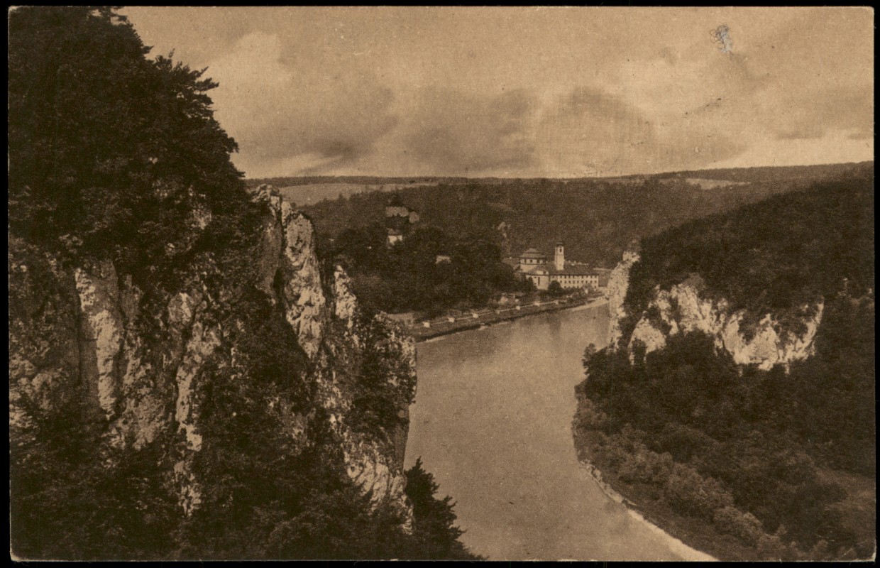 zoom: Image side vintage Postcard from 1910: Kloster Weltenburg Benediktiner Abtei Blick vom hohen Felsen:: Kelheim