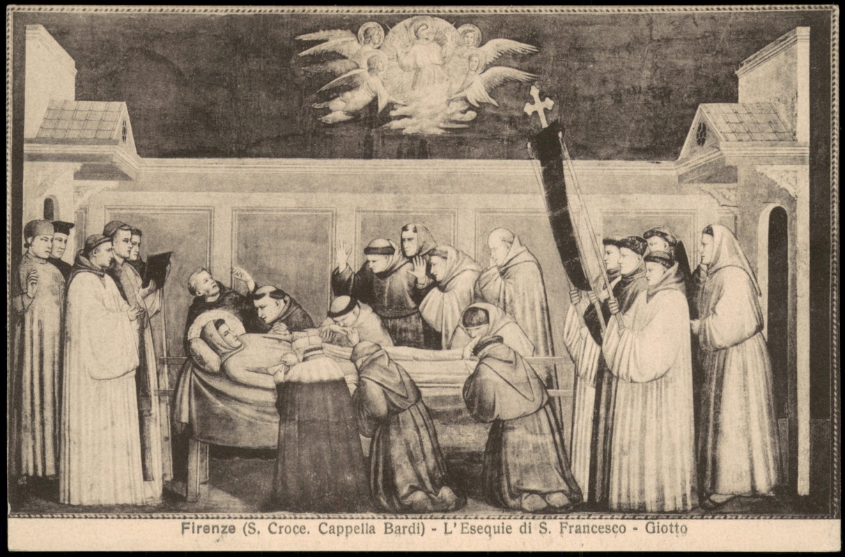 vergrößern: Bildseite historische Ansichtskarte von 1910: Kunst-Ansicht S. Croce Cappella Bardi) Esequie di S. Francesco Giotto:: Florenz