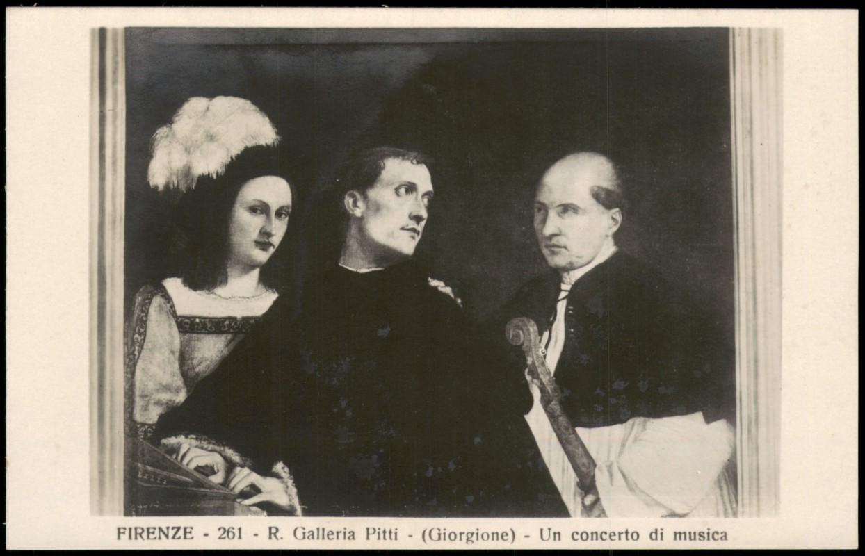 vergrößern: Bildseite historische Ansichtskarte von 1910: Kunst-Ansicht R. Galleria Pitti (Giorgione) Un concerto di musica:: Florenz