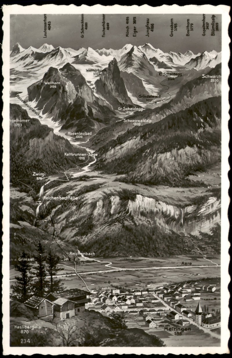 vergrößern: Bildseite historische Ansichtskarte von 1950: Panorama Meiringen mit Reichenbachfall und Berner Alpen:: Meiringen