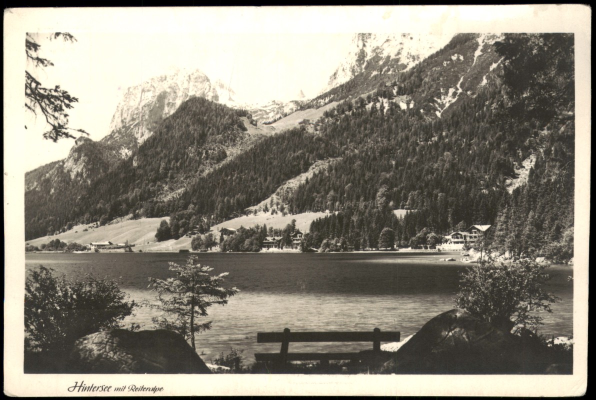vergrößern: Bildseite historische Ansichtskarte von 1950: Hintersee mit Reiteralpe:: Ramsau bei Berchtesgaden
