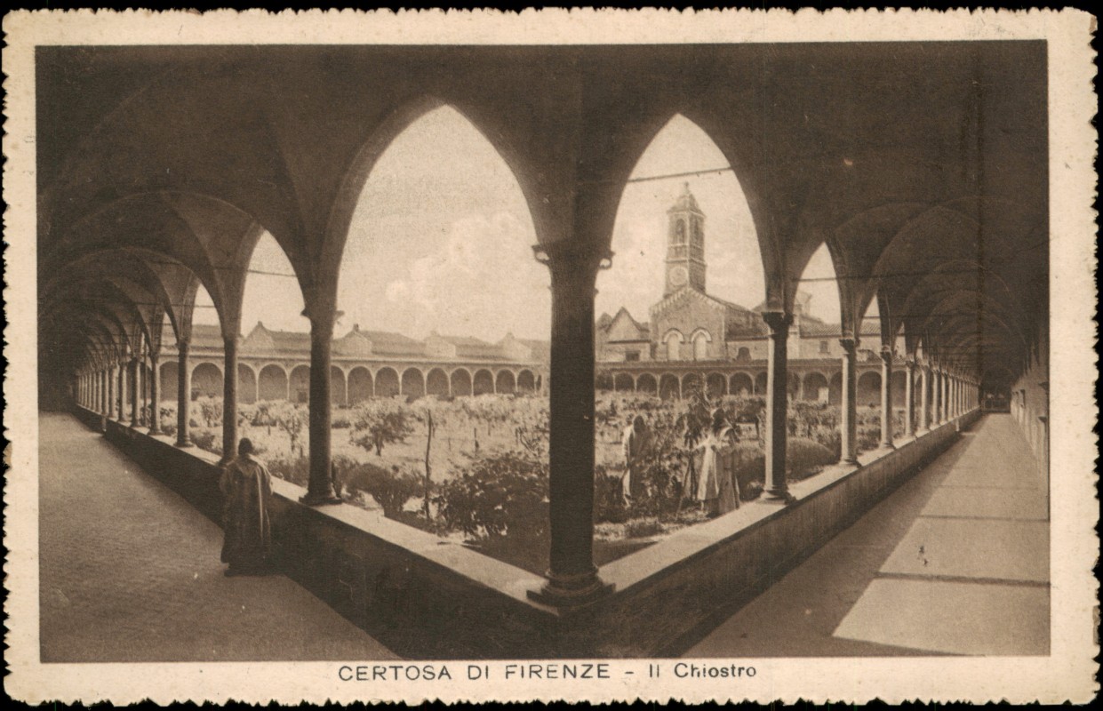 vergrößern: Bildseite historische Ansichtskarte von 1930: CERTOSA DI FIRENZE Il Chiostro:: Florenz