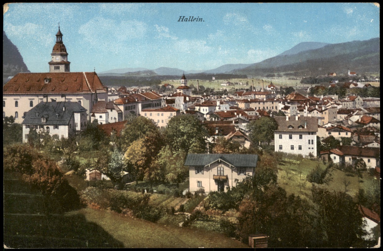 vergrößern: Bildseite historische Ansichtskarte von 1910: Panorama-Ansicht Photochromiekarte:: Hallein