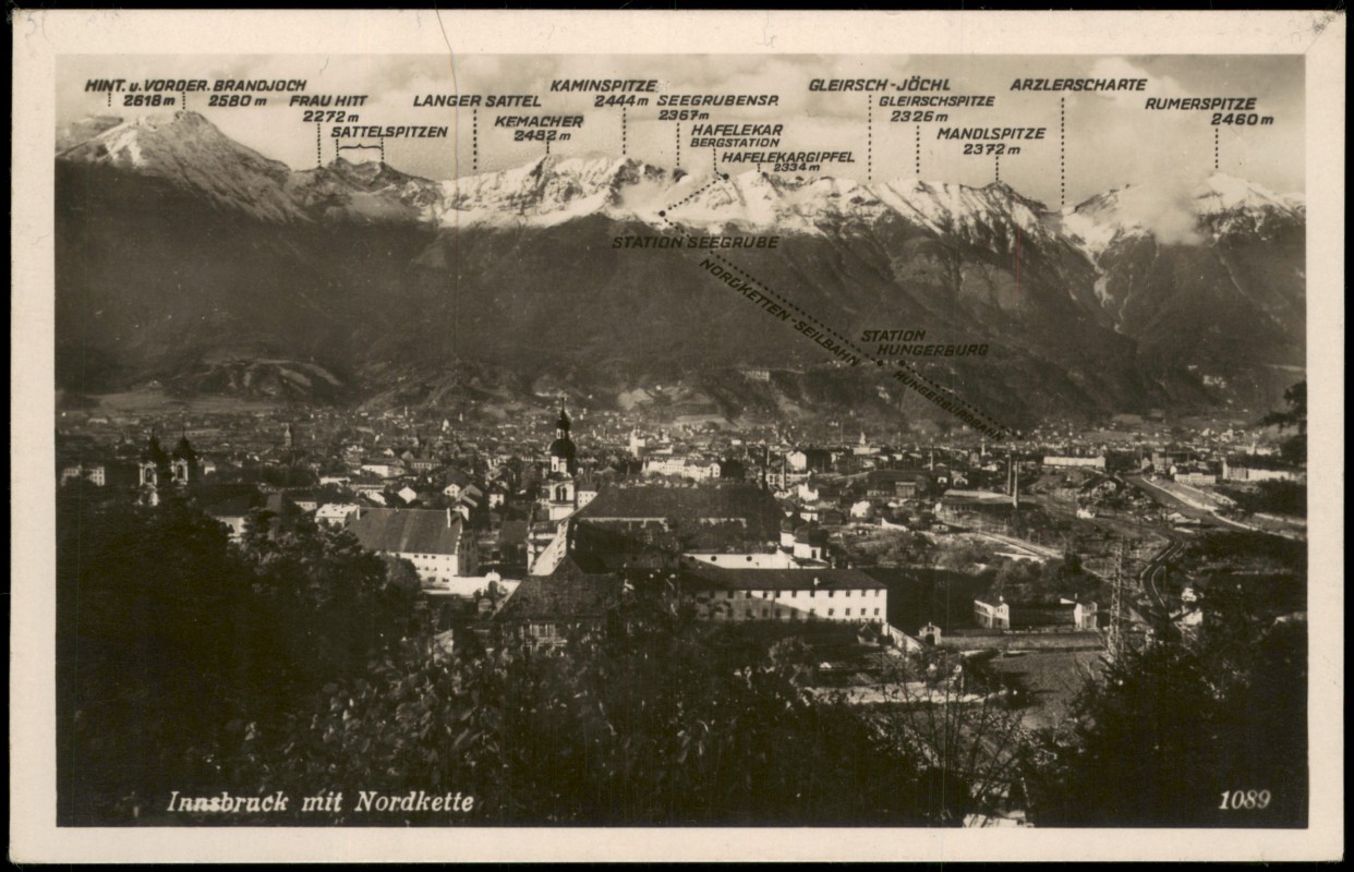 vergrößern: Bildseite historische Ansichtskarte von 1935: Panorama-Ansicht Alpen-Berge mit Namen:: Innsbruck