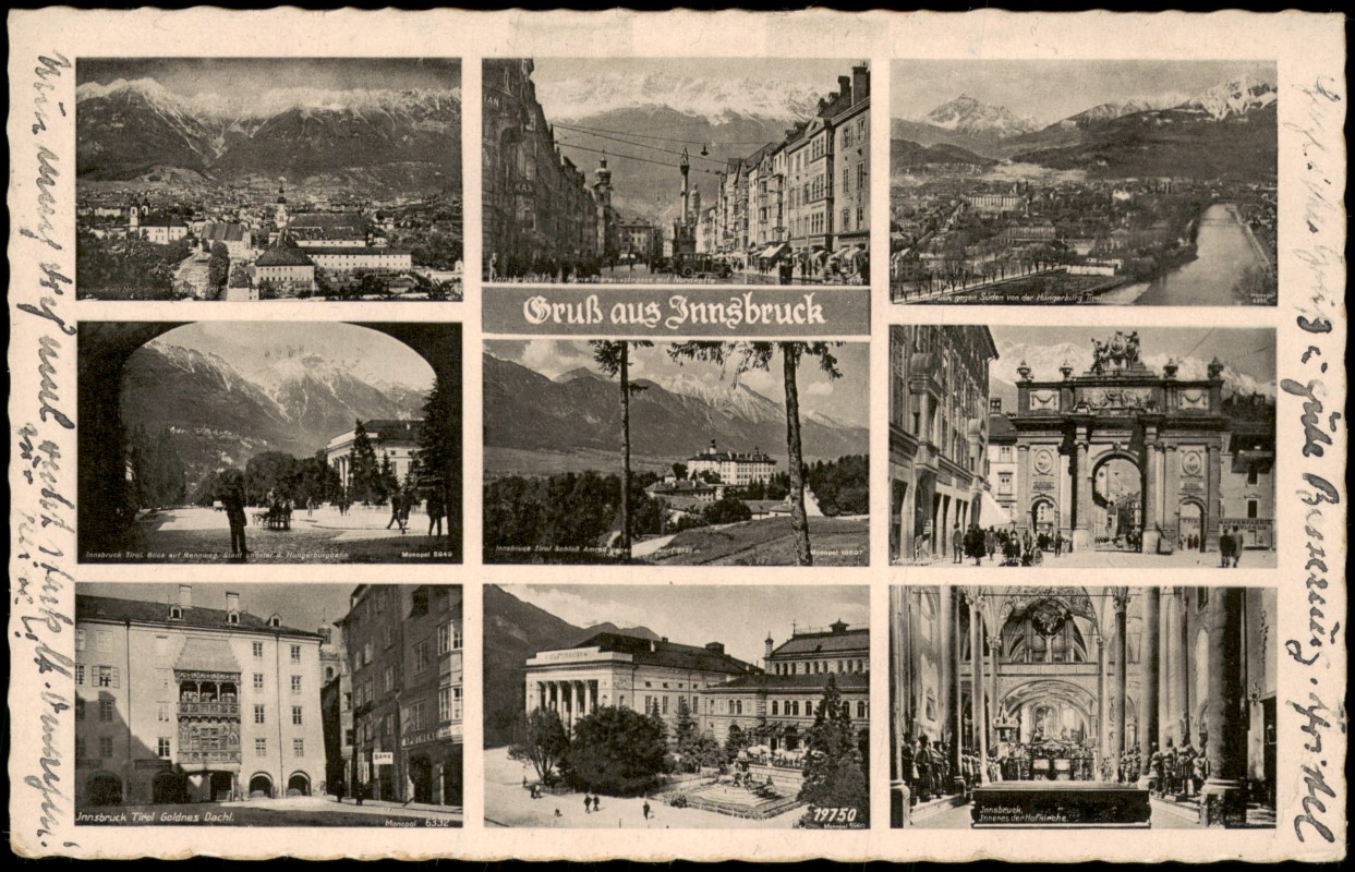 vergrößern: Bildseite historische Ansichtskarte von 1941: Mehrbildkarte mit 9 Ortsansichten:: Innsbruck