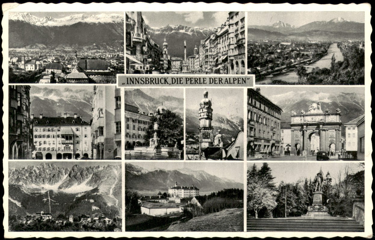 vergrößern: Bildseite historische Ansichtskarte von 1955: Mehrbildkarte Die Perle der Alpen:: Innsbruck