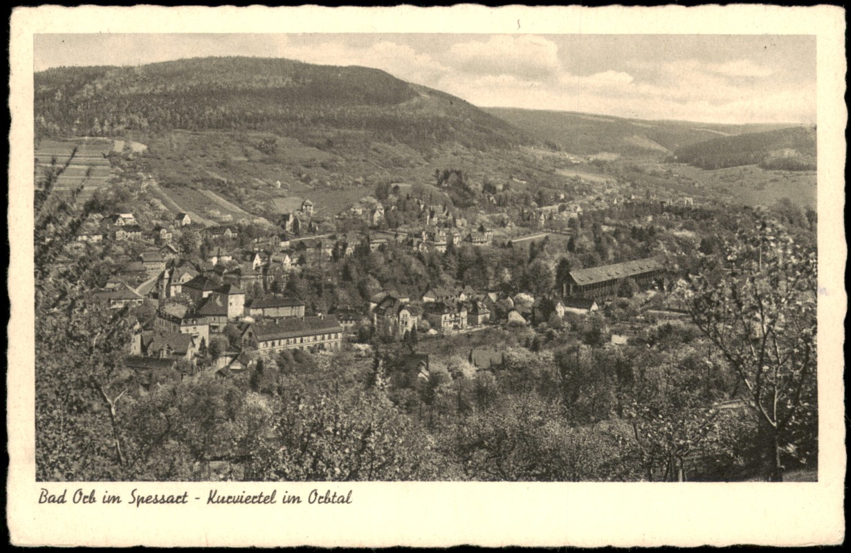 vergrößern: Bildseite historische Ansichtskarte von 1950: Panorama-Ansicht Kurviertel im Orbtal:: Bad Orb