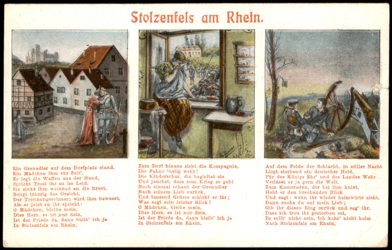vergrößern: Bildseite historische Ansichtskarte von 1915: 3 Militaria Motivkarte:: Stolzenfels am Rhein