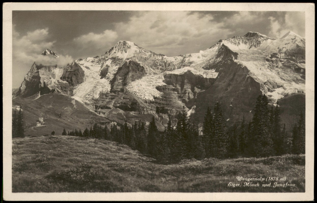 vergrößern: Bildseite historische Ansichtskarte von 1937: Wengernalp Eiger, Mönch und Jungfrau - Fotokarte:: Lauterbrunnen