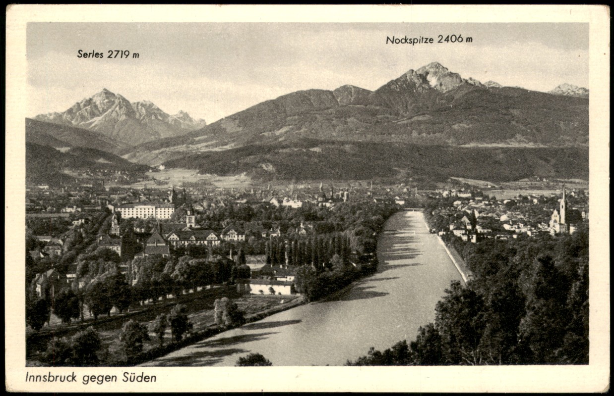 vergrößern: Bildseite historische Ansichtskarte von 1930: Panorama-Ansicht Innsbruck gegen Süden:: Innsbruck