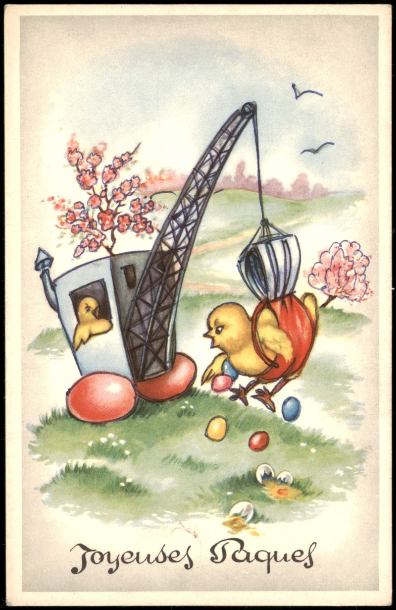vergrößern: Bildseite historische Ansichtskarte von 1950: Ostern Easter Osterkarte aus Belgien, Küken im Kran mit Ostereiern::