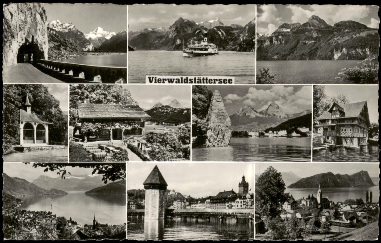 vergrößern: Bildseite historische Ansichtskarte von 1955: Mehrbildkarte div. Ansichten rund um d. Vierwaldstättersee:: Luzern