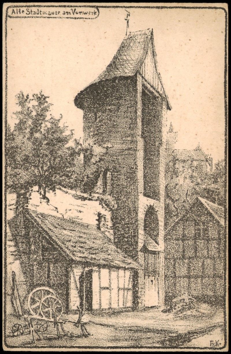vergrößern: Bildseite historische Ansichtskarte von 1928: Alte Stadtmauer am Vorwerk - Künstlerkarte:: Wernigerode
