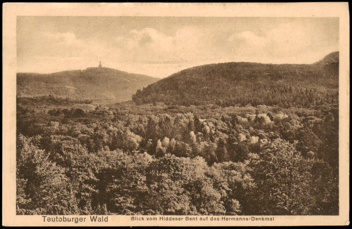vergrößern: Bildseite historische Ansichtskarte von 1924: Teutoburger Wald Blick vom Hiddeser Bent auf das Hermanns-Denkmal:: .Nordrhein-Westfalen