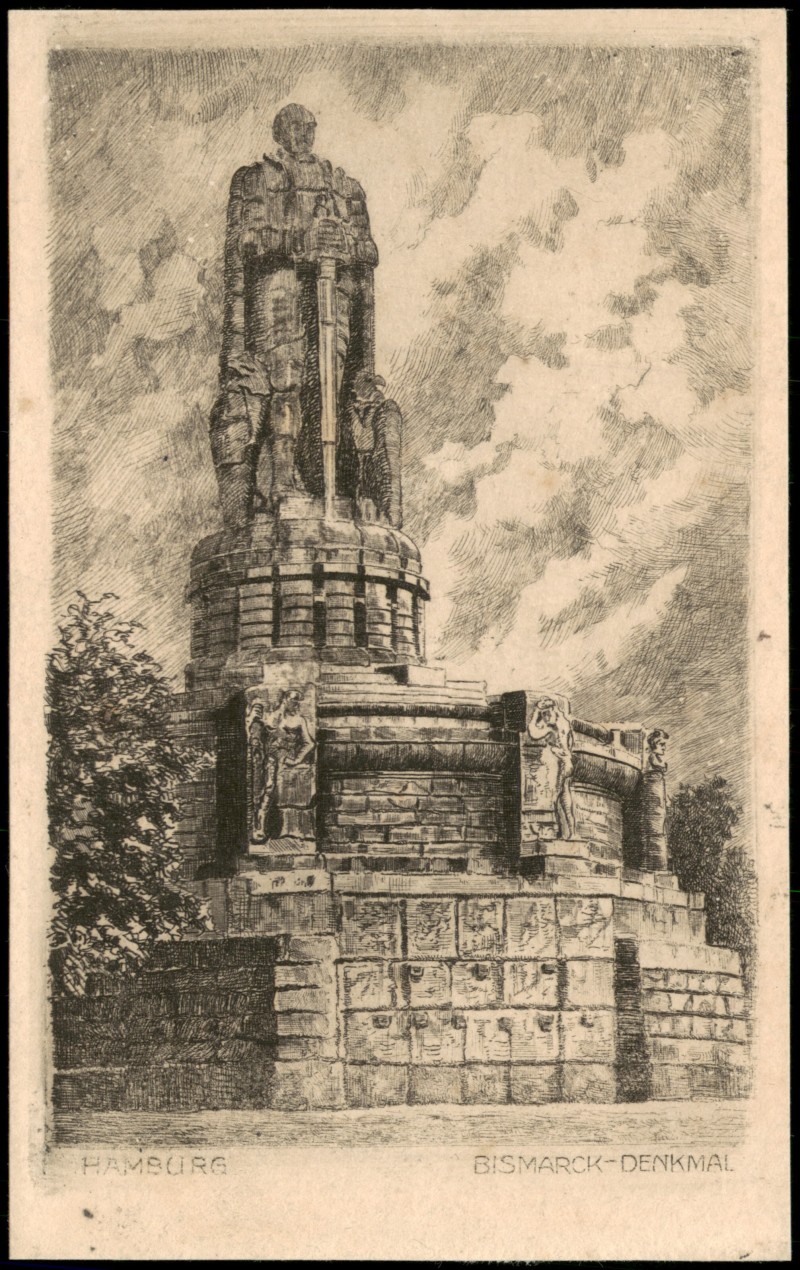 zoom: Image side vintage Postcard from 1924: Künstlerkarte Zeichnung des Bismarck-Denkmal:: St. Pauli-Hamburg