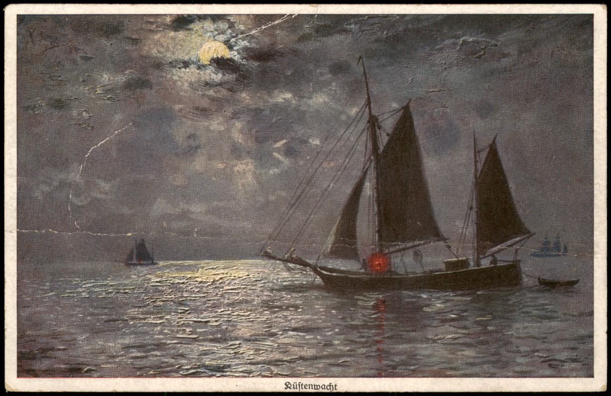 vergrößern: Bildseite historische Ansichtskarte von 1912: Künstlerkarte Küstenwacht Segelboote bei Mondschein::