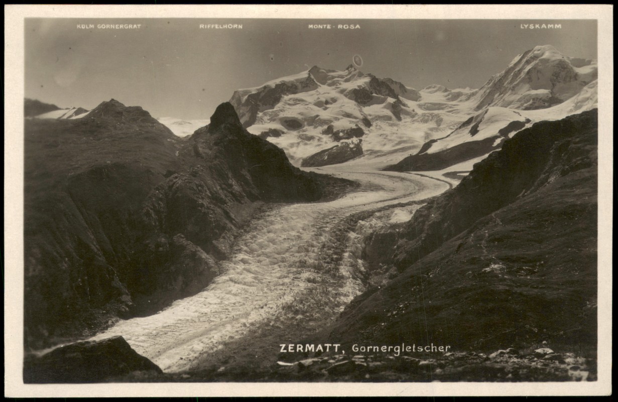 vergrößern: Bildseite historische Ansichtskarte von 1930: Umlandansicht Alpen Gletscher Gornergletscher:: Zermatt