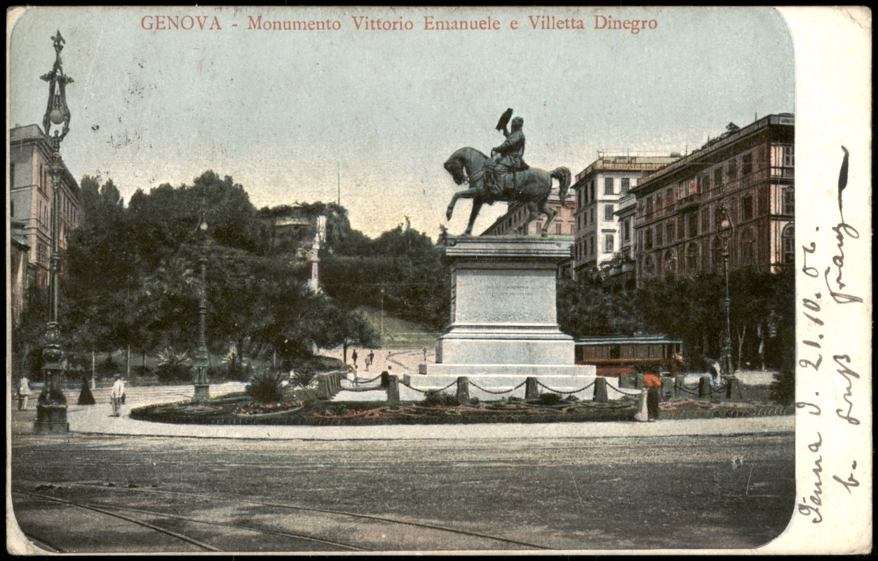 vergrößern: Bildseite historische Ansichtskarte von 1906: Monumento Vittorio Emanuele e Villetta Dinegro:: Genua