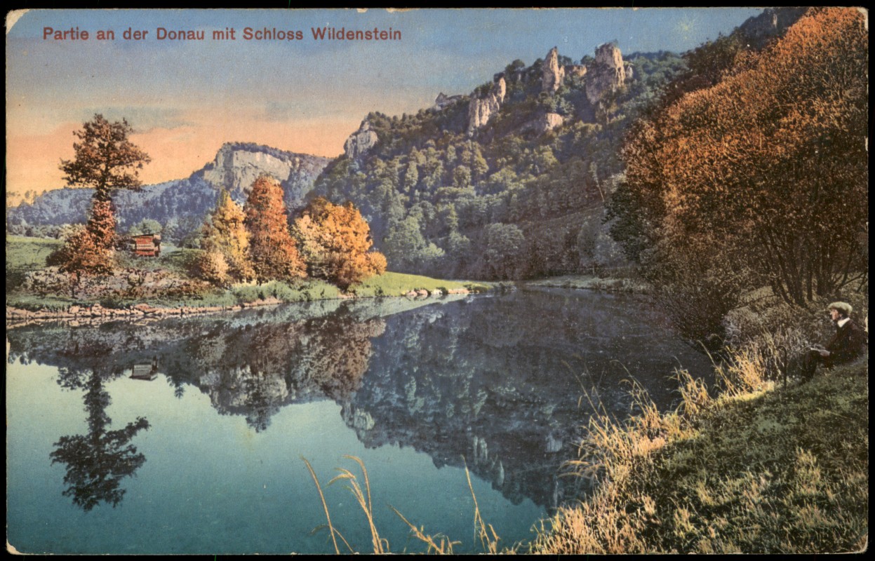 vergrößern: Bildseite historische Ansichtskarte von 1910: Partie an der Donau mit Schloss Wildenstein:: Leibertingen