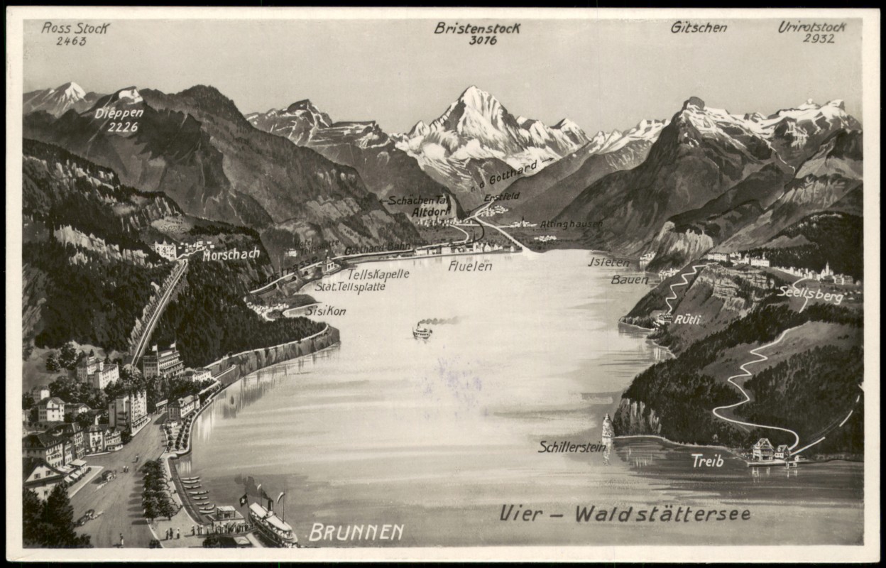 vergrößern: Bildseite historische Ansichtskarte von 1940: Vierwaldstättersee mit Umgebung Brunnen u. viele weitere Orte:: Luzern