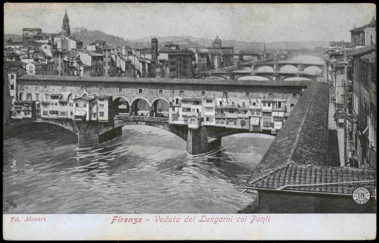 zoom: Image side vintage Postcard from 1909: Veduta dei Lungarni coi Ponti:: Florence