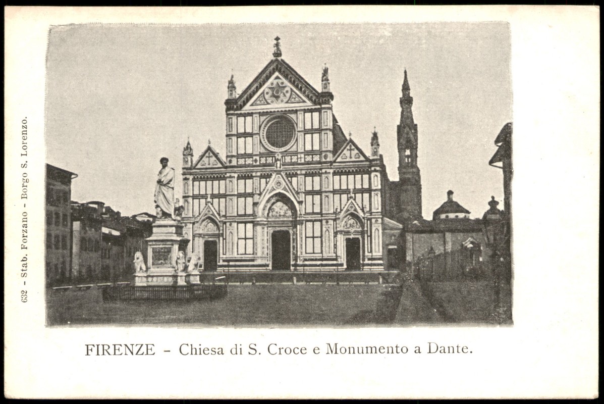 zoom: Image side vintage Postcard from 1909: Chiesa di S. Croce e Monumento a Dante.:: Florence