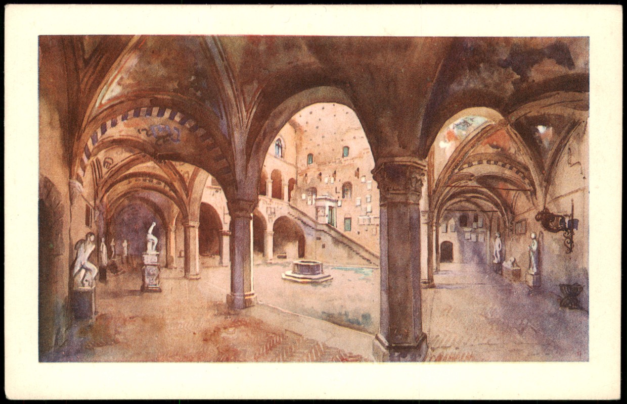 vergrößern: Bildseite historische Ansichtskarte von 1950: Künstlerkarte Palazzo del Podestà (Il Bargello) Cortile e scala:: Florenz