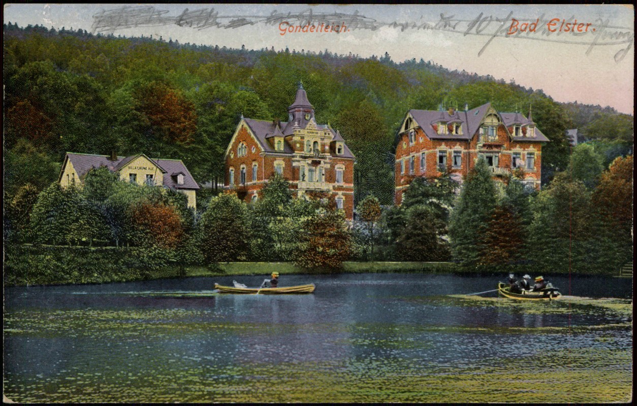 vergrößern: Bildseite historische Ansichtskarte von 1926: Gondelteich Ruderer Stadthaus:: Bad Elster