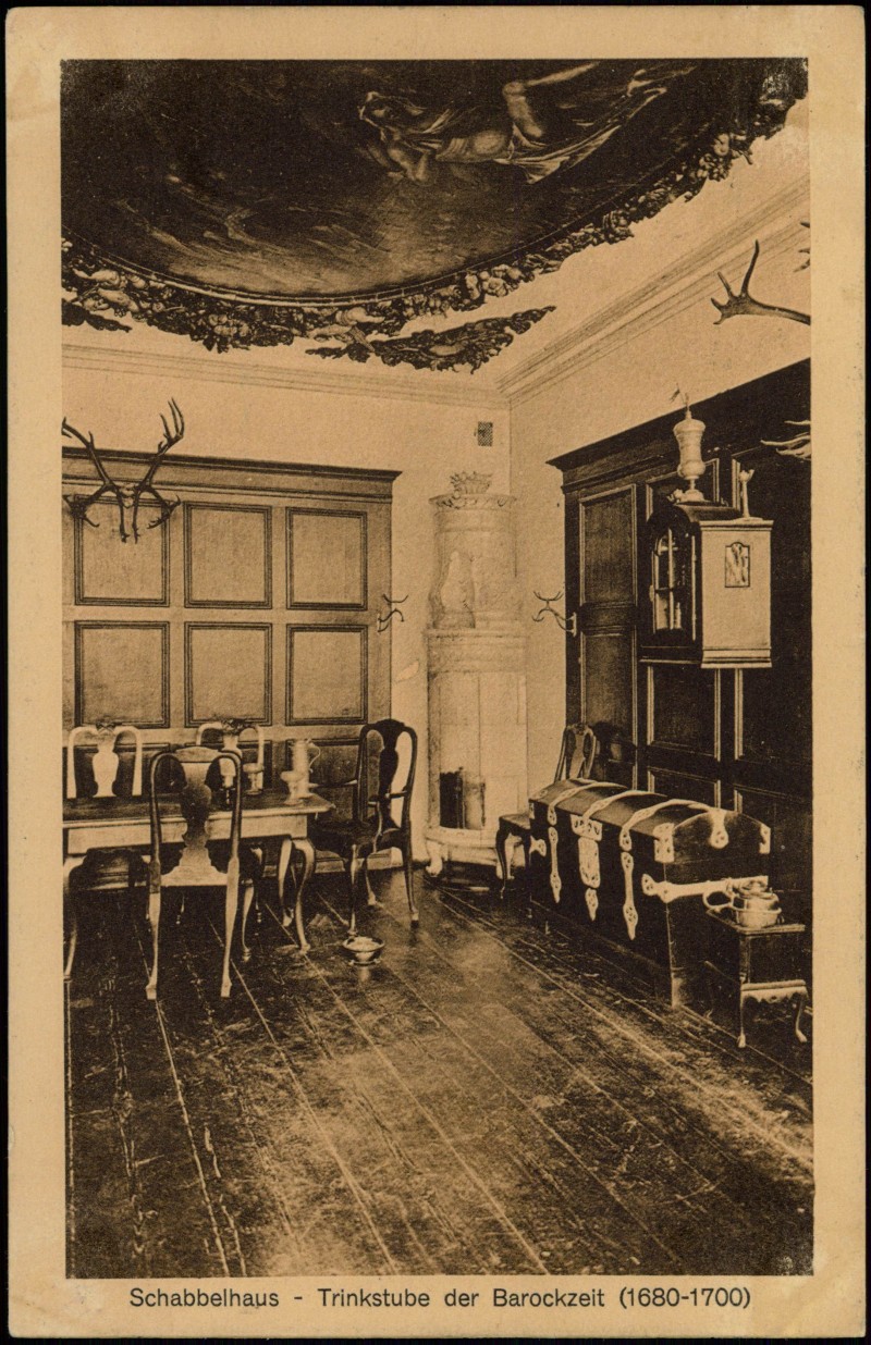 zoom: Image side vintage Postcard from 1916: Schabbelhaus - Trinkstube der Barockzeit (1680-1700):: Lübeck