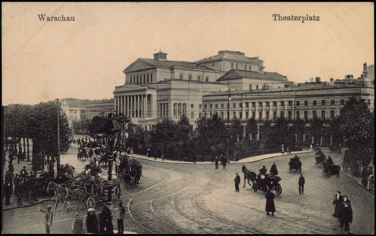 zoom: Image side vintage Postcard from 1918: Theater-Platz Plac Teatralny - Kutschen:: Warsaw