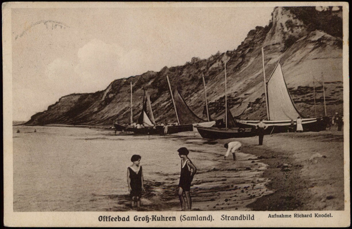 zoom: Image side vintage Postcard from 1928: Strand Segelboote Samland Ostpreußen:: Pionerski