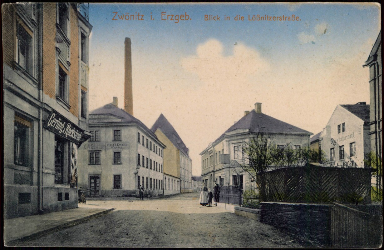 vergrößern: Bildseite historische Ansichtskarte von 1918: Erzgebirge Lößnitzerstraße - Fabrik:: Zwönitz (Erzgebirge)