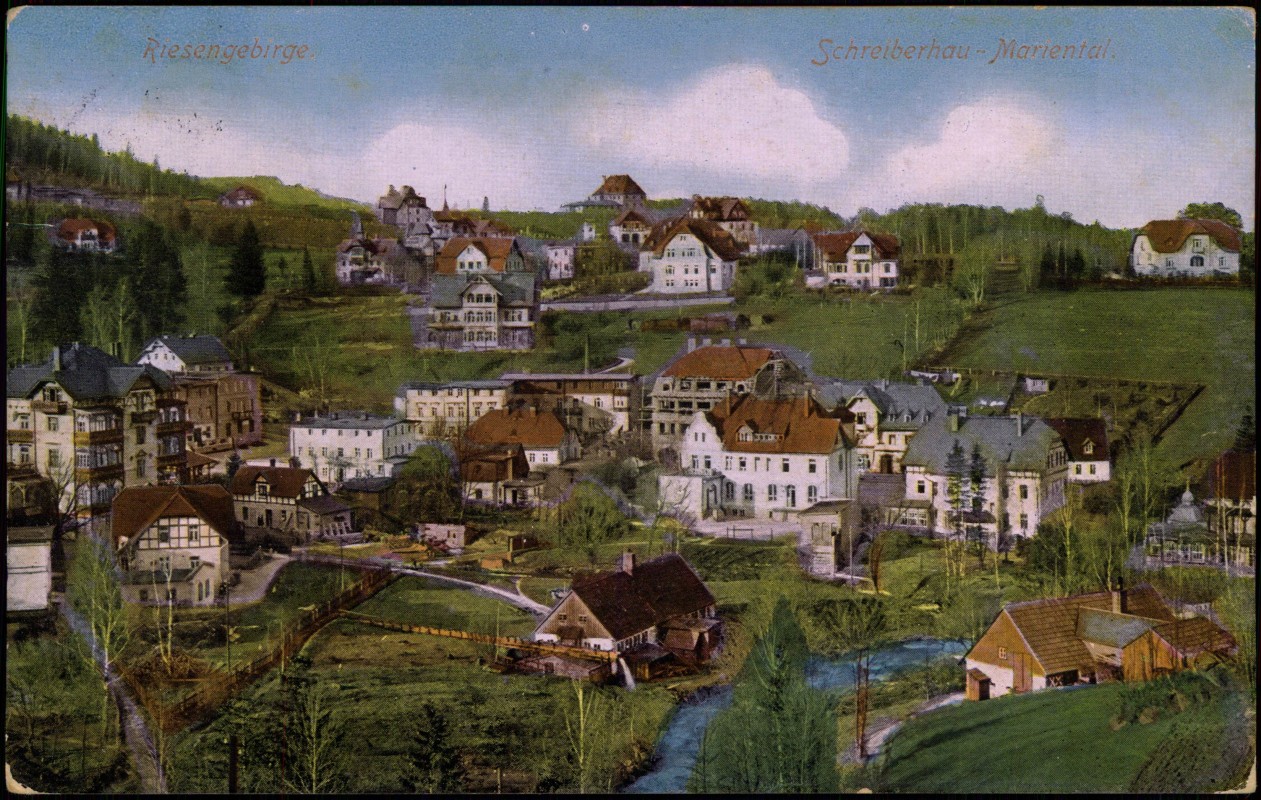 vergrößern: Bildseite historische Ansichtskarte von 1915: Stadtpartie:: Mariental-Schreiberhau