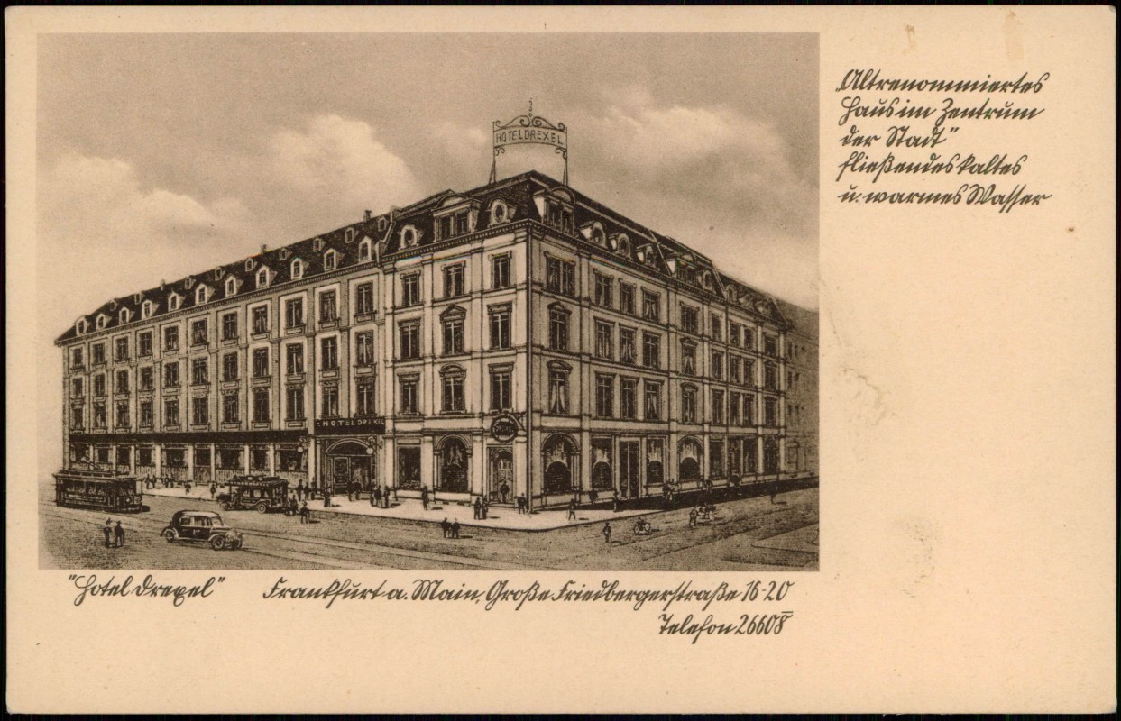 zoom: Image side vintage Postcard from 1932: Hotel Drexler Große Friedberger Straße:: Frankfurt am Main
